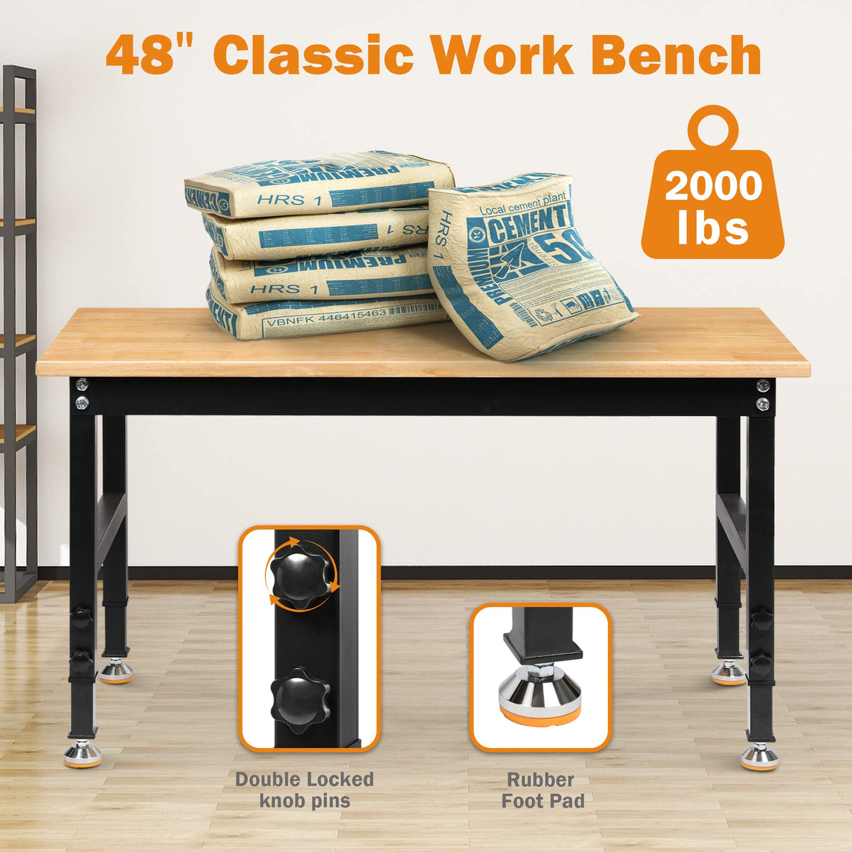 Betterhood 48" Heavy-Duty Adjustable Workbench for Garage, Rubber Wood Shop Table W/Rubber Pads, Hardwood Workstation Weight Capacity Over 2000 Lbs Betterhood