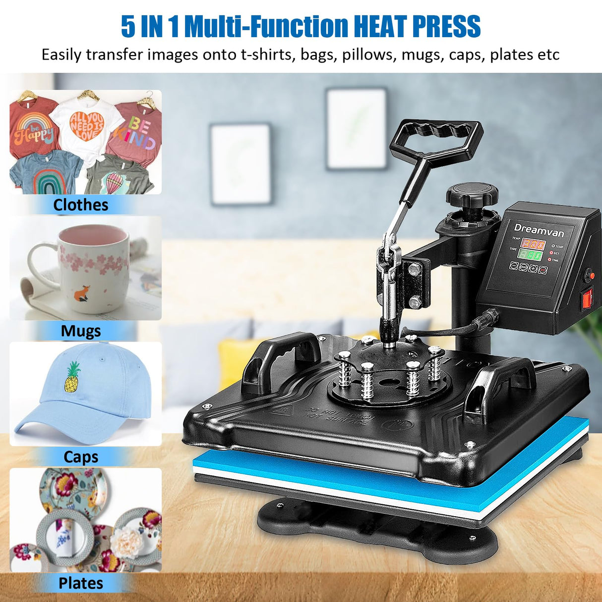 Heat Press Machine for Tshirts, 5 in 1 Heat Transfer Machine, 12" X 15" Heat Printing Press for Sublimation Combo with 360 Degree Rotation Swing Away AKEYDIY