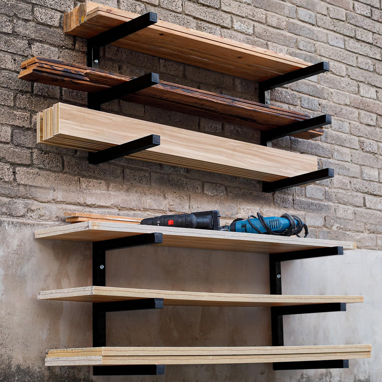 MOOMSINE Lumber Storage Rack Wall Mount, Heavy Duty Metal Wood Organizer with 6-Level Each Shelf Holds Up 200 Lbs, Indoor & Outdoor Use - Black MOOMSINE