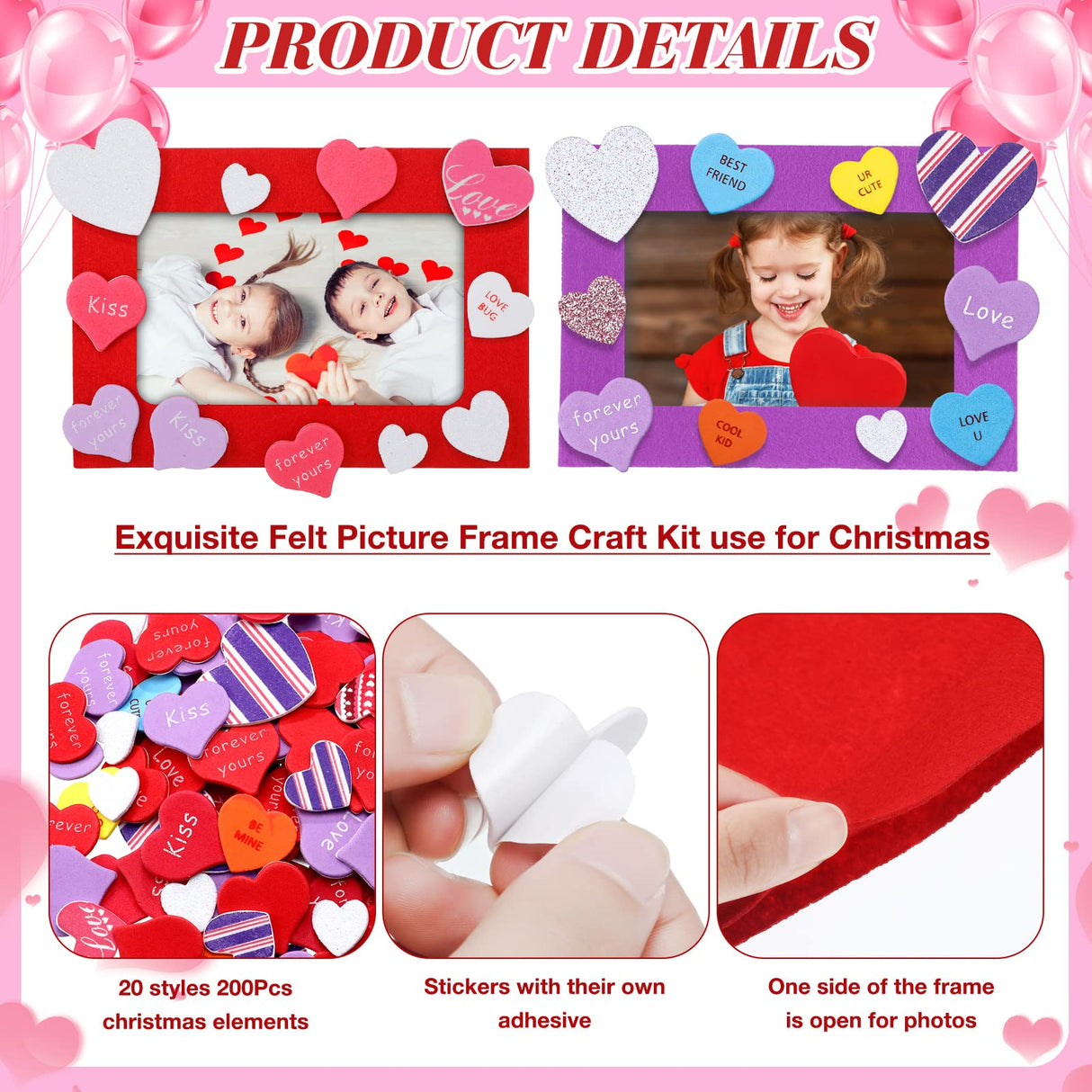 Ferraycle 232 Pieces Valentines DIY Picture Frames Craft Kit for Kids 32 Pieces Valentine Photo Frames with 200 Pieces Heart Shaped Foam Stickers for Ferraycle
