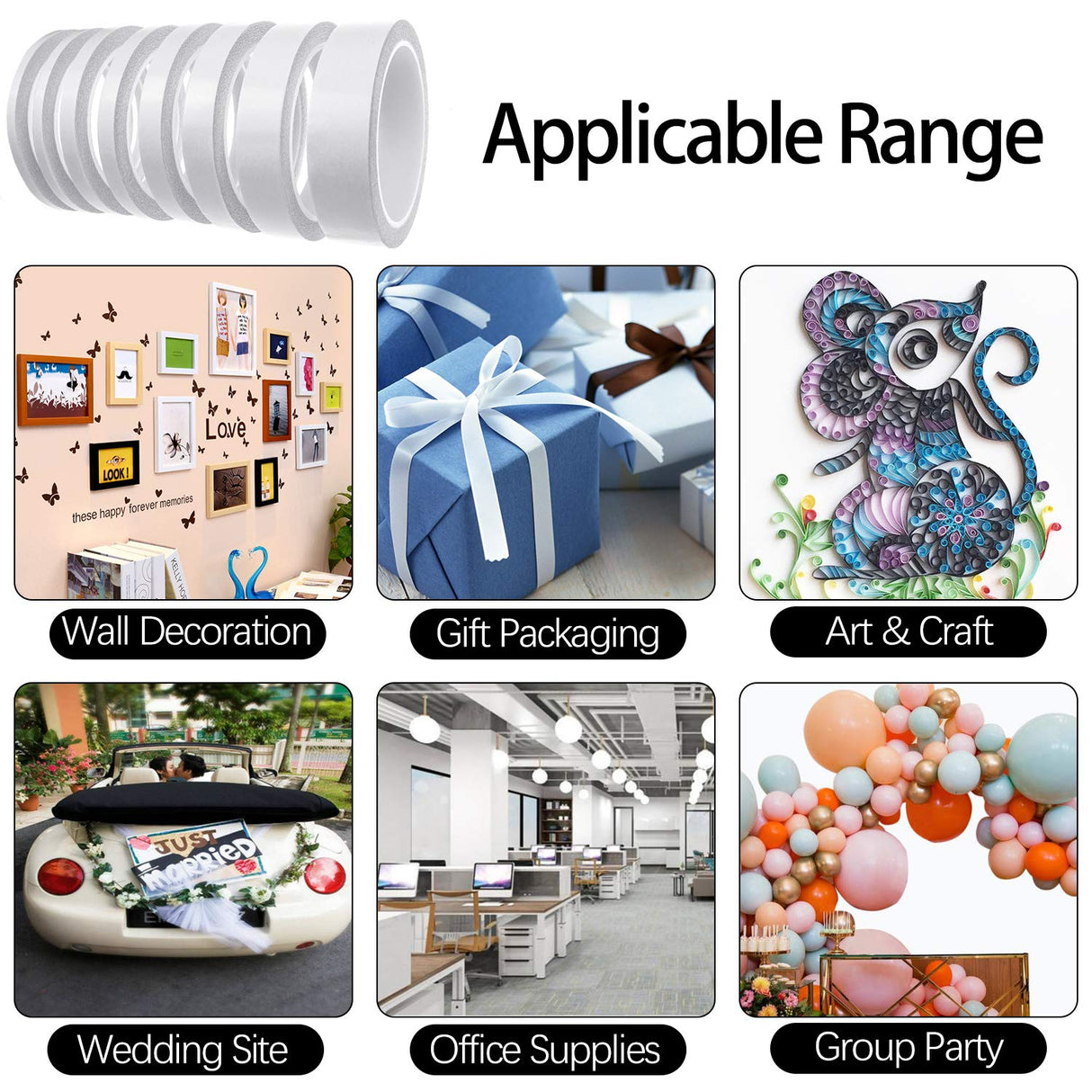 Lazydrop Double-Sided Tape for Arts, Crafts, Photography, Scrapbooking, Tear-by-Hand, Paper Backing (6 Rolls) (Width: 6mm/ 9mm/ 12mm/ 15mm) Lazydrop