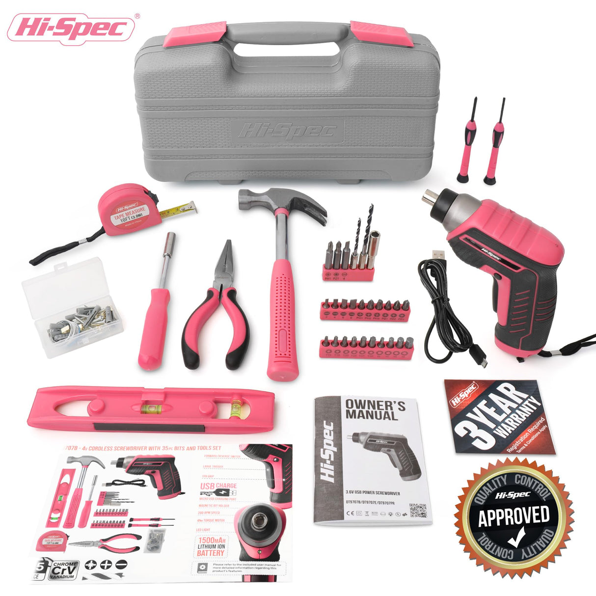 Hi-Spec 35pc Pink tool kit with 3.6V USB Electric Screwdriver and drill set. Complete women tool set Hi-Spec