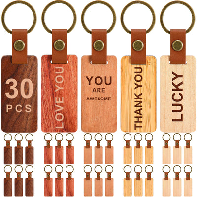 Batiyeer 30 Pcs Wooden Keychain Blanks Leather Wood Keychain Blank Wooden Keychain Wood Tags Unfinished Blanks Wood Keychain with Leather Strap