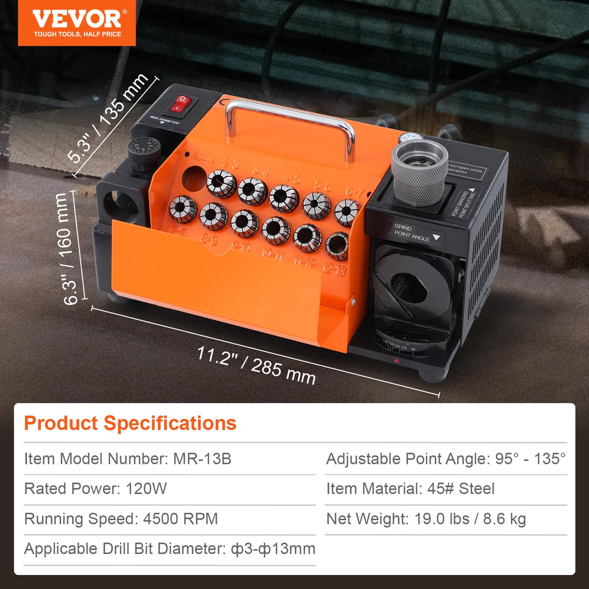 VEVOR Drill Bits Sharpener, 3-13mm End Mill Grinder Sharpener, Lip Relief Angle & 95°-135° Point Angle Adjustable Drill Bit Re-Sharpener, Portable VEVOR