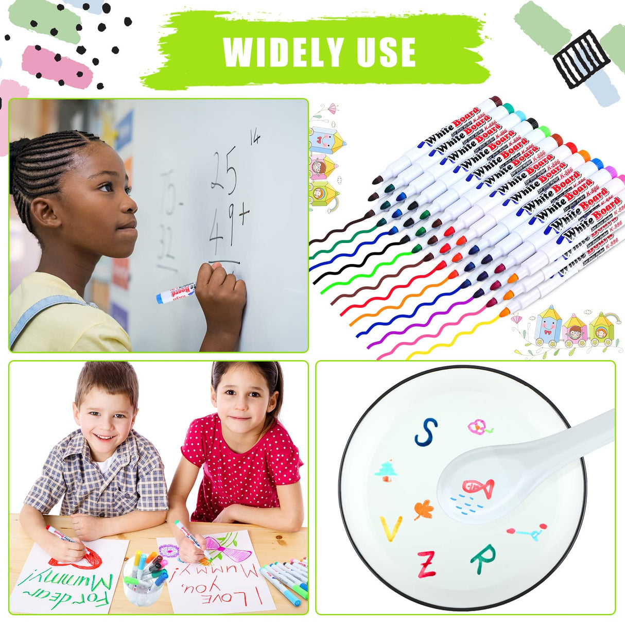 36 Pcs Magical Water Painting Pen with Spoon and Wipe, 12 Colors Magical Floating Ink Pen with Spoon Magical Doodle Drawing Pens Ceramic Painting Kit Teling