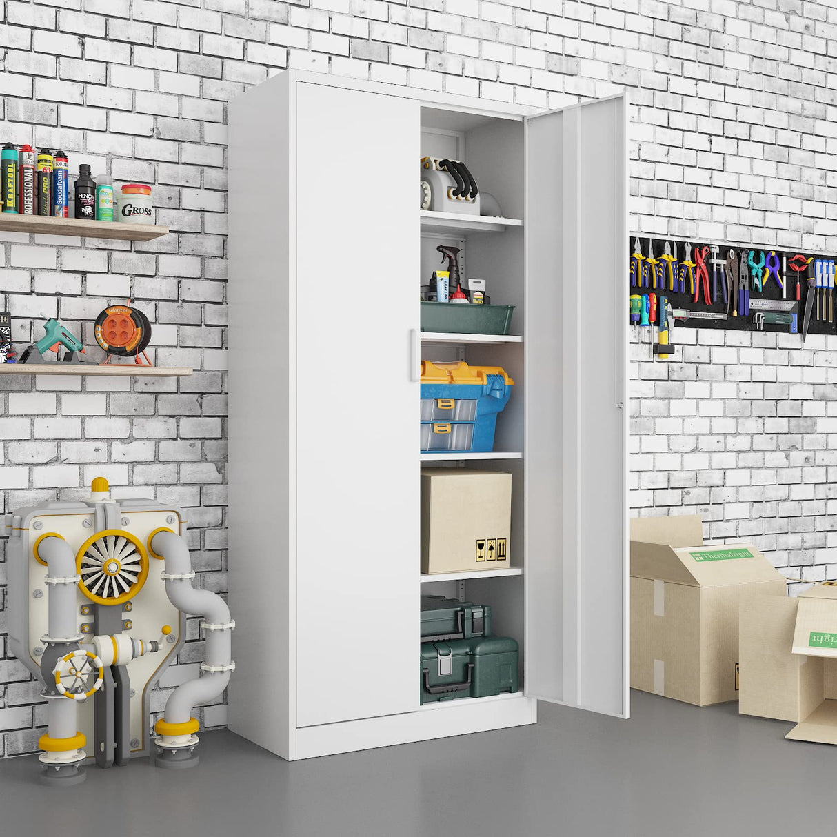 BYNSOE Metal Storage Cabinet with 5 Adjustable Shelves and Lock Metal Garage Cabinets with Locking Door, Steel Classic Storage Cabinet for Home, BYNSOE