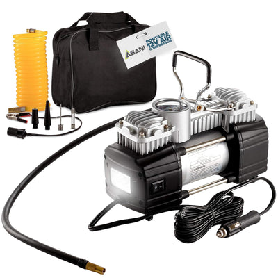 Asani 12V Air Compressor - Portable & Compact Tire Pump, 150 PSI Heavy-Duty Double Cylinder Tire Inflator with LED Flashlight, Ideal for SUVs,