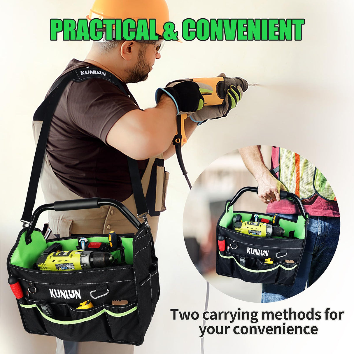 KUNLUN 17-Inch Open Top Tool Bag, Electrician Tool Bag, Tool Tote Bag Organizer for Easy Tool Access, 33 Pockets Foldable Tool Carrier with Rotating KUNLUN