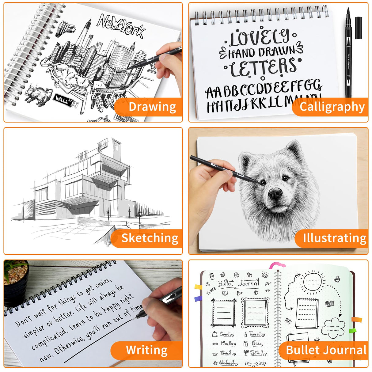 GPLMQ Black Drawing Pens, 12 Pack Felt Tip Markers for Adults and Kids, Dual Brush Fineliners Pens for Art Drawing Sketching Calligraphy GPLMQ