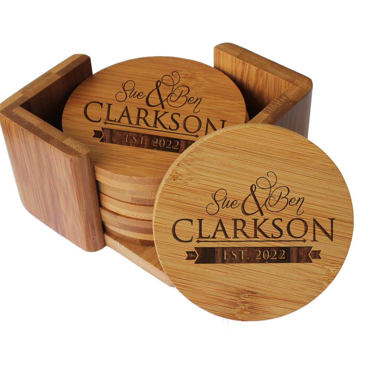 My Personal Memories, Custom Engraved Bamboo Wood Coasters - Personalized Coaster Set for Drinks, Weddings, Couples with Holder (Round Bamboo) My Personal Memories