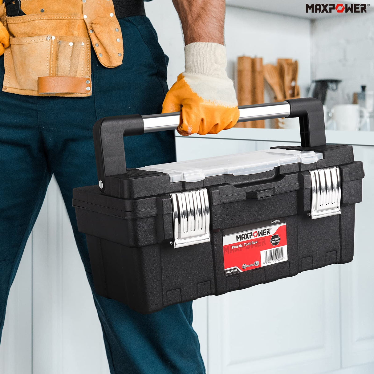 MAXPOWER 16 inch Tool Box with Removable Tray, Portable Toolbox with Stainless Steel Handle & Doule Metal Latch, Rated up to 33 Lbs MAXPOWER
