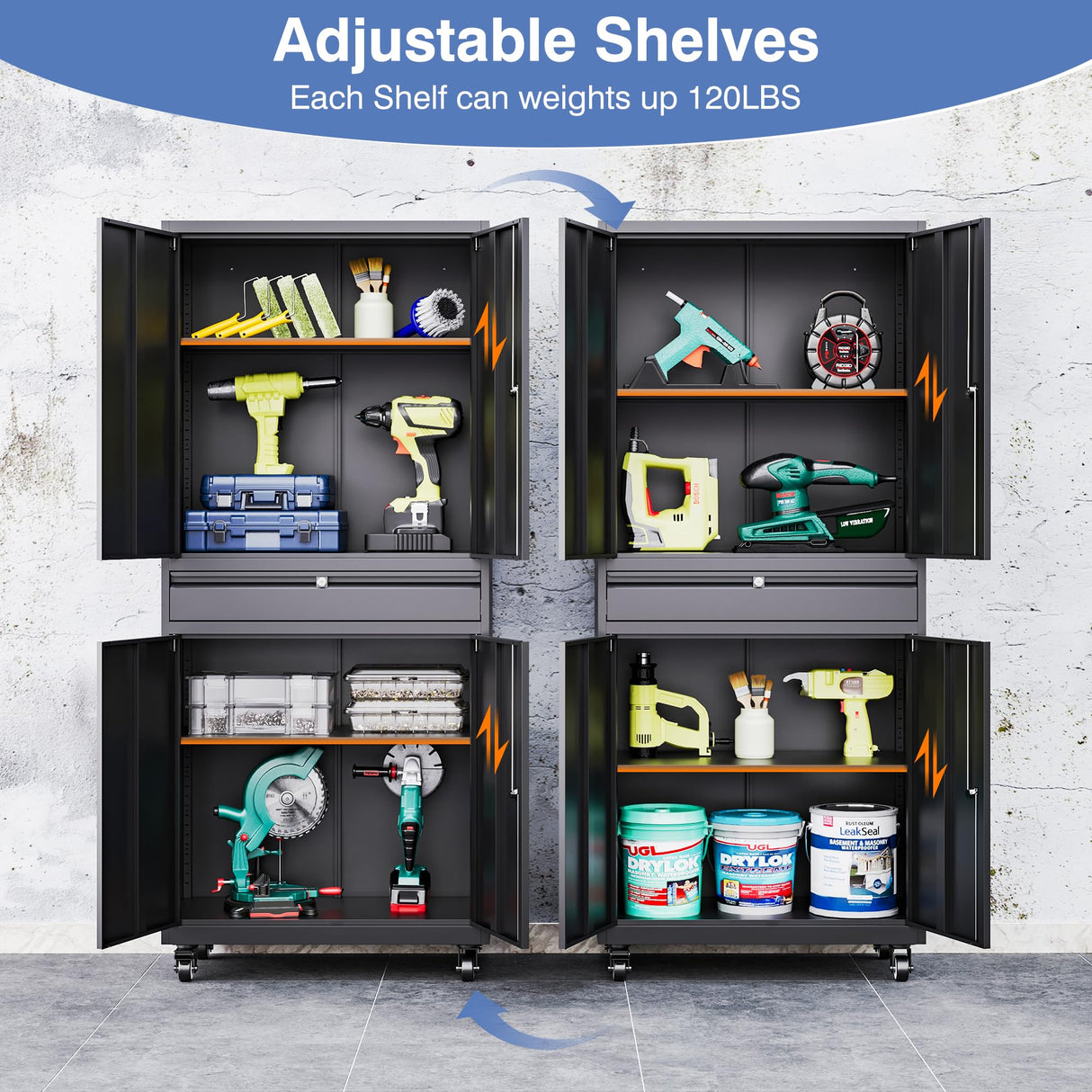 LISSIMO Metal Storage Cabinet with Wheels, Locking Garage Storage Cabinet with Adjustable Shelves and Drawer, Rolling Tool Cabinet for Home Office LISSIMO