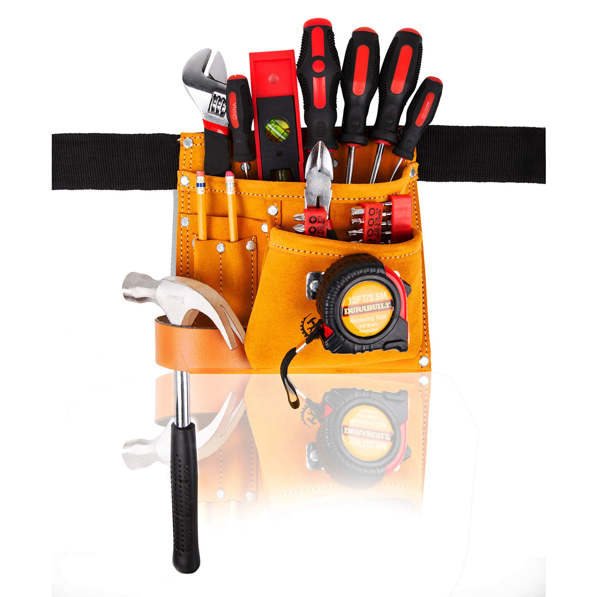 LAUTUS Suede Tool Bag & Adjustable Poly Web Belt | 5 Pockets | Leather Hammer Holder| Tape Measure Holder| Construction Grade| LAUTUS