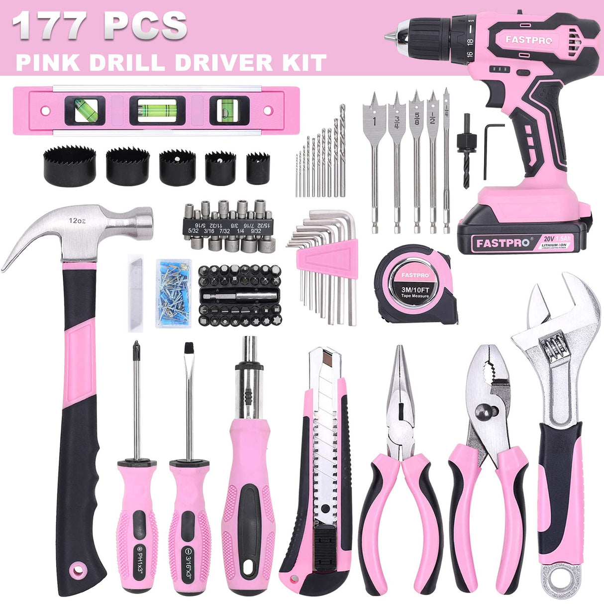 FASTPRO 177-Piece 20V Pink Cordless Lithium-ion Drill Driver and Home Tool Set, Lady's Home Repairing Tool Kit with Drill in Tool Storage Case FASTPRO