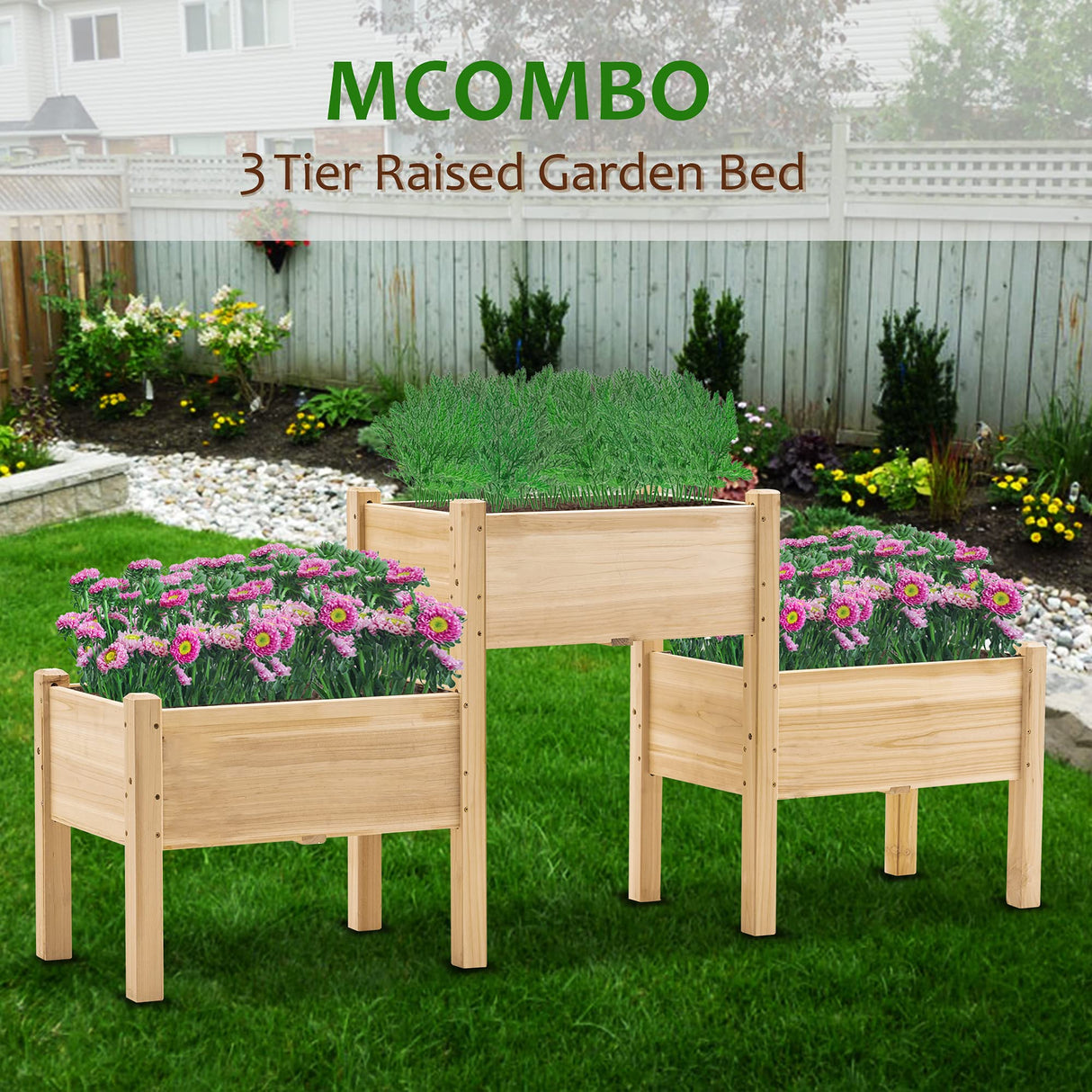 mcombo Raised Garden Bed, 3 Tier Outdoor Wood Elevated Planter Box Kit, Raised Garden Boxes for Vegetables, Herb and Flowers, 72" x 17.7" x 31.5", mcombo