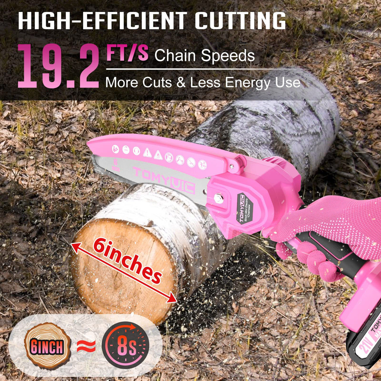 Mini Chainsaw 6-Inch Battery Powered - Pink Cordless Electric Handheld Chainsaw with 2 Rechargeable Batteries - 21V Small Power Chain Saws Battery Tomyvic