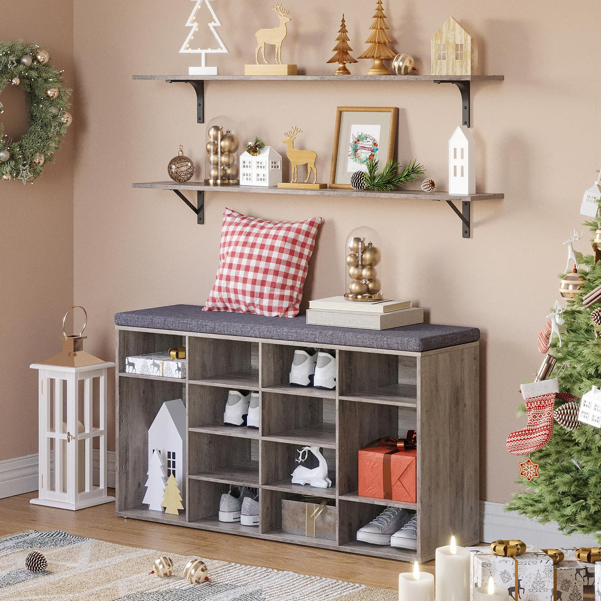 DINZI LVJ Shoe Storage Bench with Cushion, 16-Cubby Shoe Rack, Adjustable Shelves, Multifunctional Shoe Organizer Bench for Entryway, Mudroom, DINZI LVJ