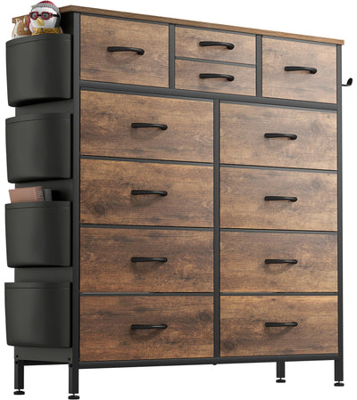 Lulive Dresser for Bedroom with 12 Drawers, Tall Dresser Chest of Drawers with Side Pockets and Hooks, Fabric Dresser Storage Tower for Closet,