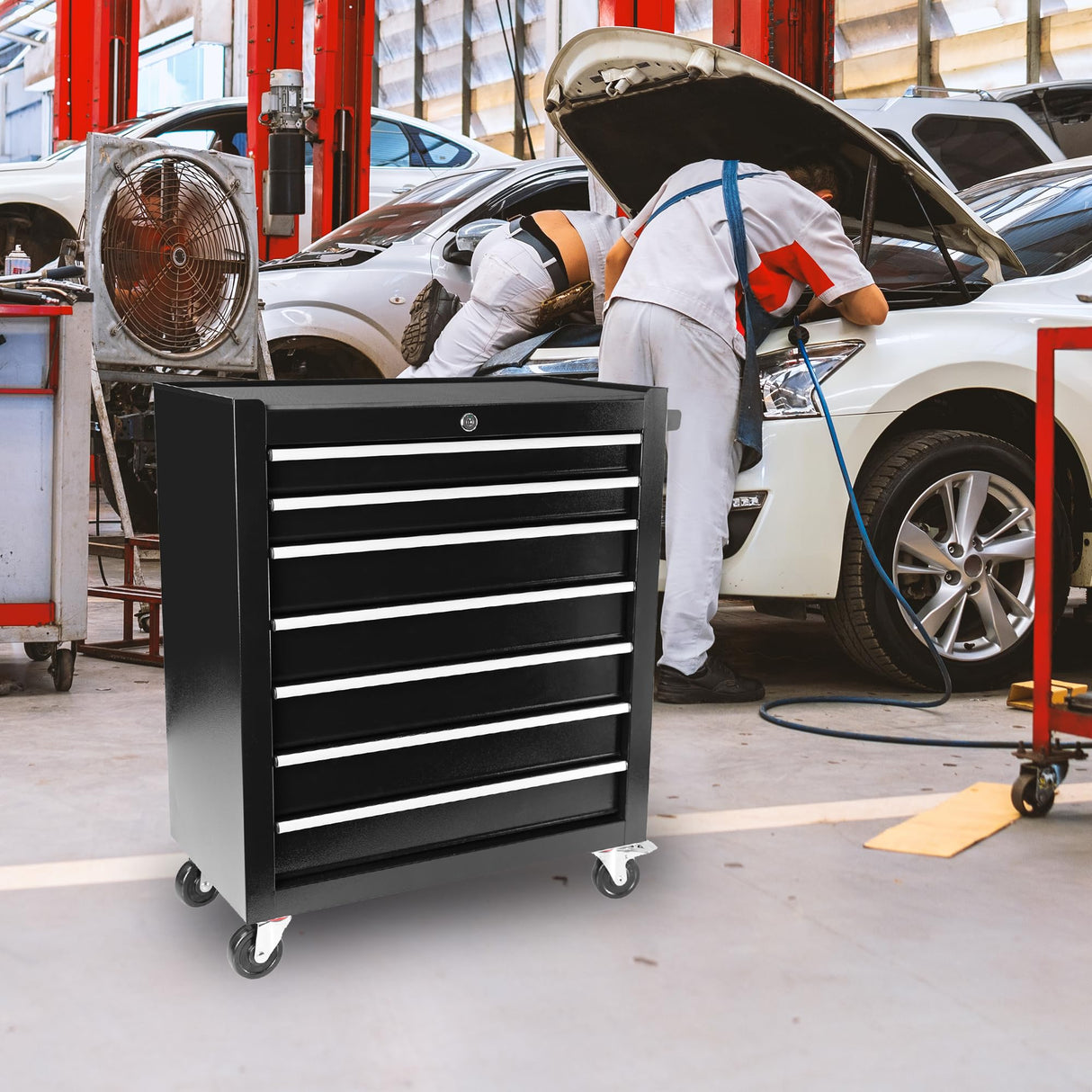 7-Drawer Tool Chest with Wheels, Rolling Tool Chest with Drawers, Top Cushion & 7PCS Tray Divider Set, Multifunctional Craftsman Tool Storage Chest Henf