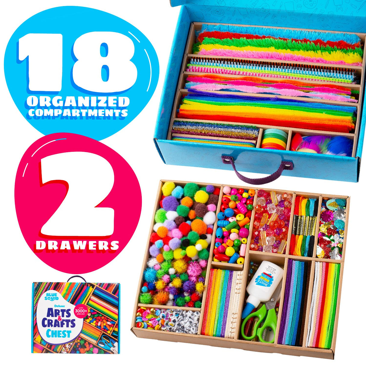 Blue Squid Arts and Craft Supplies for Kids - 3000+pcs Deluxe Craft Chest, Giant Arts and Crafts Kit, Craft Box of Art Supplies for Kids, Kids Craft Blue Squid