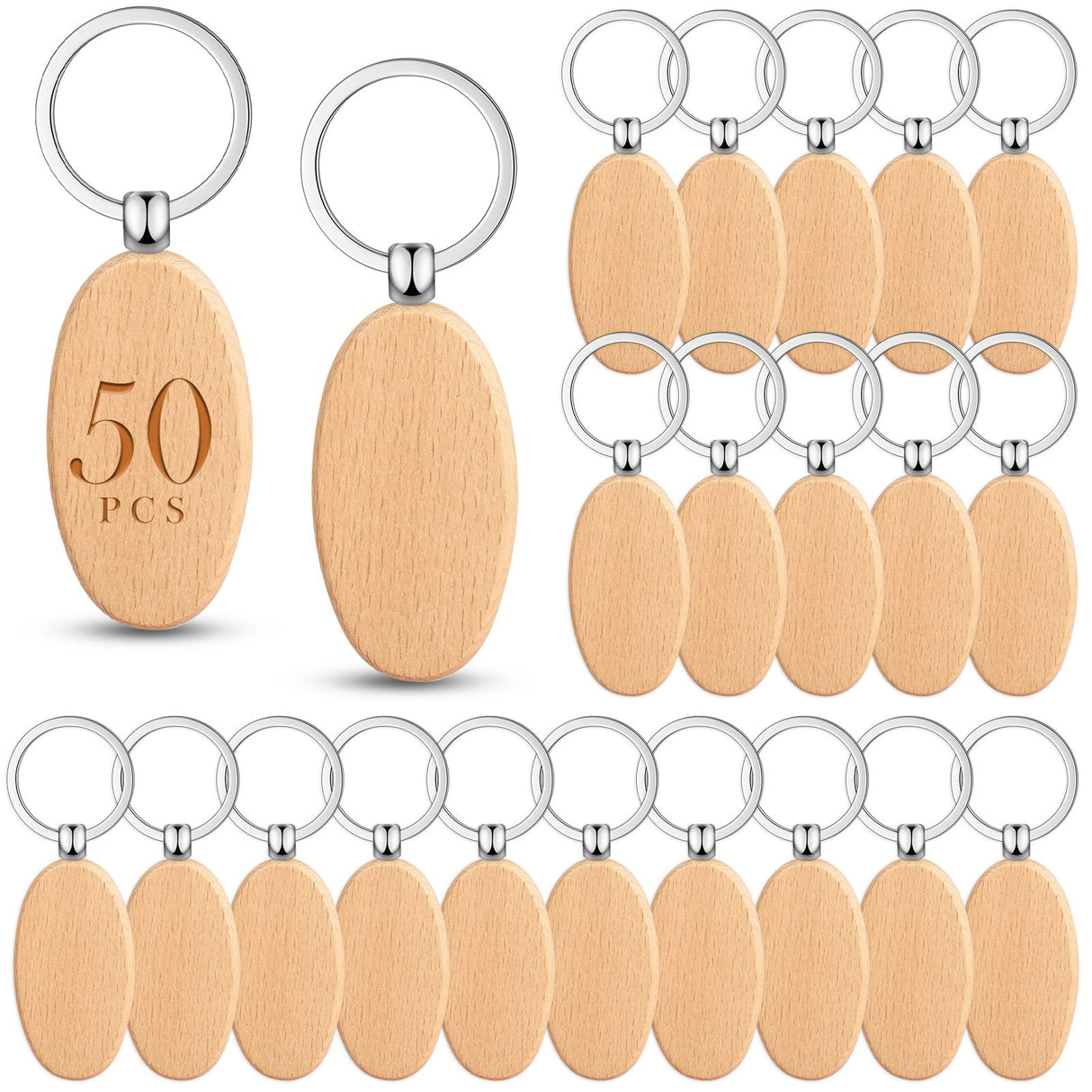50 Pieces Wooden Keychain Blanks Laser Engraving Blanks Wood Blanks Key Chain Bulk Unfinished Wooden Key Ring Key Tag for DIY Gift Crafts (Oval) Yinkin
