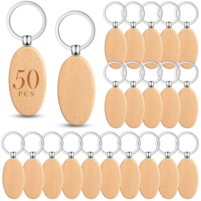 50 Pieces Wooden Keychain Blanks Laser Engraving Blanks Wood Blanks Key Chain Bulk Unfinished Wooden Key Ring Key Tag for DIY Gift Crafts (Oval)