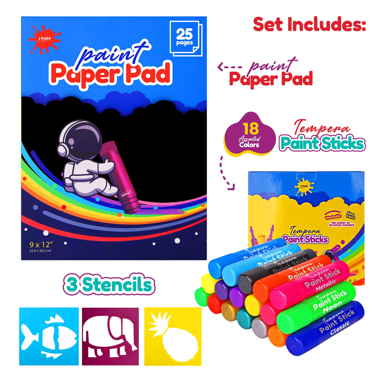 J MARK Solid Tempera Paint Sticks - Including Painting Book and Stencils, Set of Paint Sticks for Kids Washable- Tempera Sticks J MARK