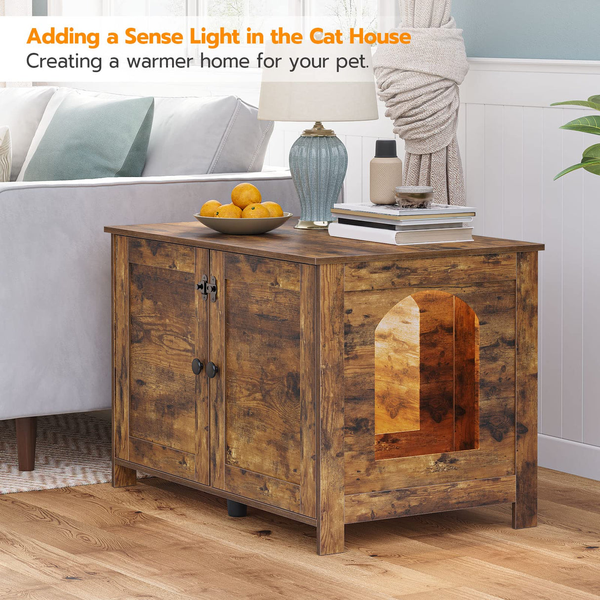 HOOBRO Cat Litter Box Enclosure, Cat Litter Box Furniture with Divider, Hidden Litter Box Furniture, Wooden Pet House, End Side Table, 31.5"L x HOOBRO