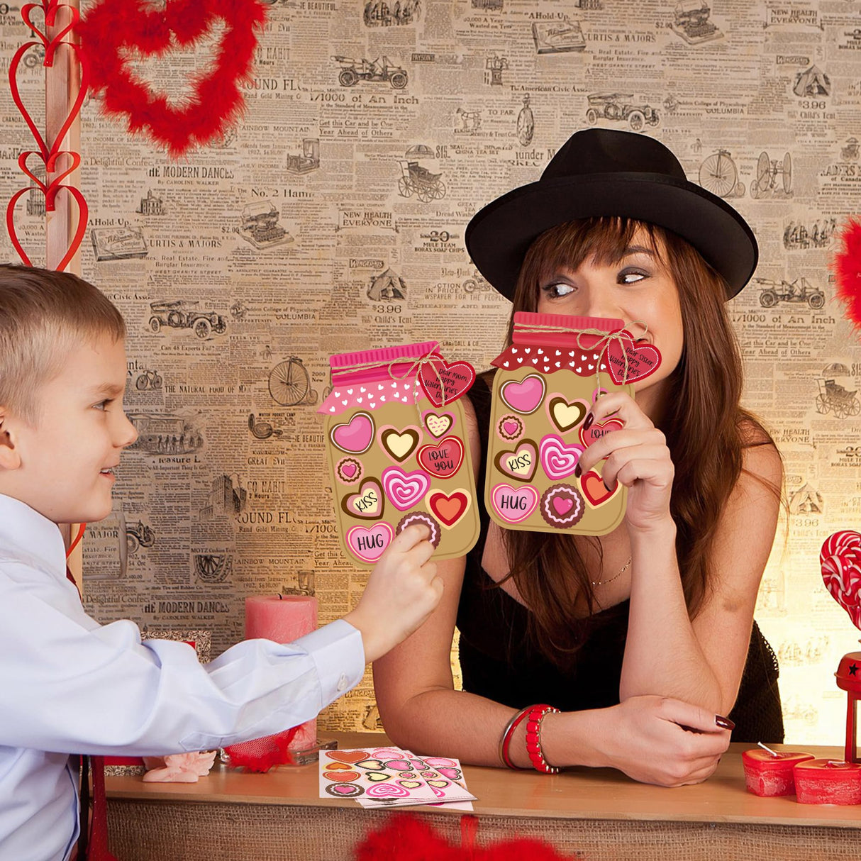 WATINC 30PCS Valentine’s Day Love Candy Jar Craft Kit, Make Your Own Valentines Thankful Candy Mason Jar, DIY Love Heart Candy Jar Decor Craft WATINC