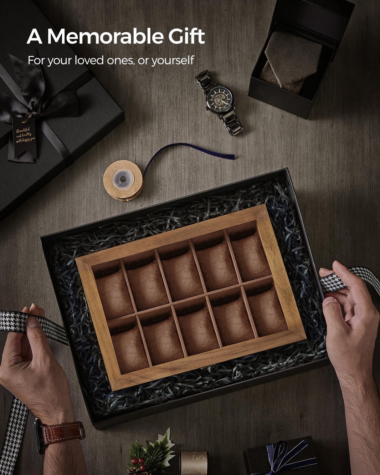 SONGMICS Watch Box, 10-Slot Watch Case, Solid Wood Watch Box Organizer with Large Glass Lid, Watch Display Case with Removable Pillows, Gift for SONGMICS