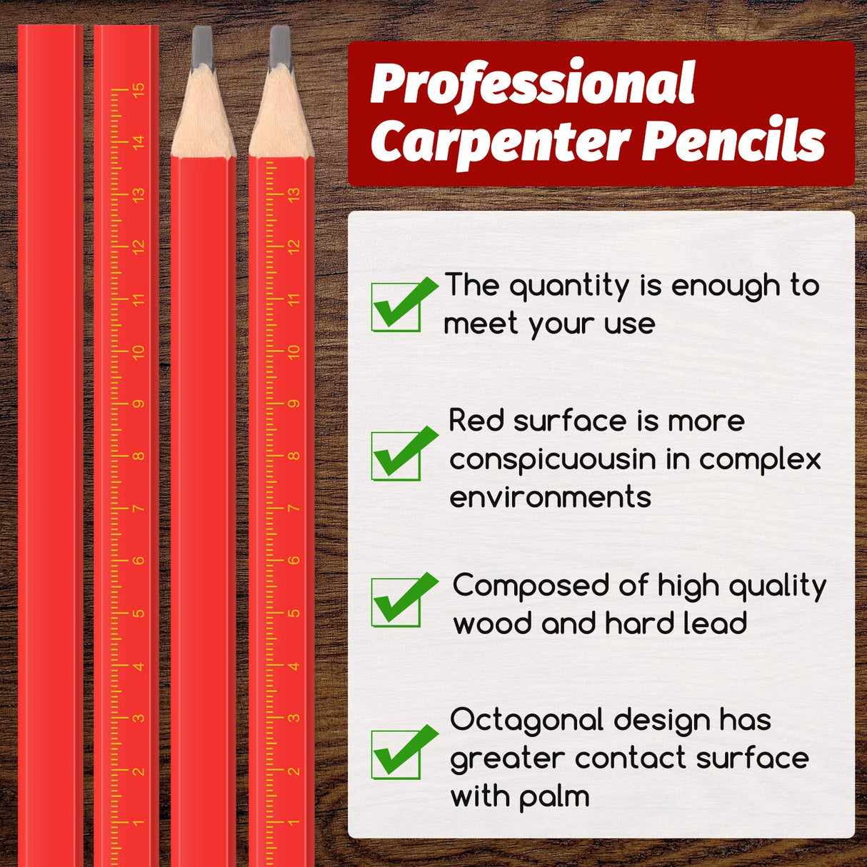 Zonon 100 Pieces Carpenter Pencils, Octagonal Red Hard Black Carpenter Pencils Construction Pencils for Woodworking Marking and Concrete Marking Zonon