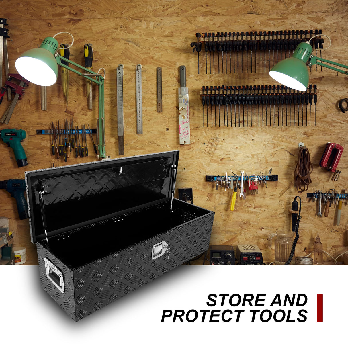 confote 39 Inch Heavy Duty Aluminum Stripes Plated Tool Box Pick Up Truck Bed RV Trailer Toolbox Waterproof Square Storage Organizer with Side confote