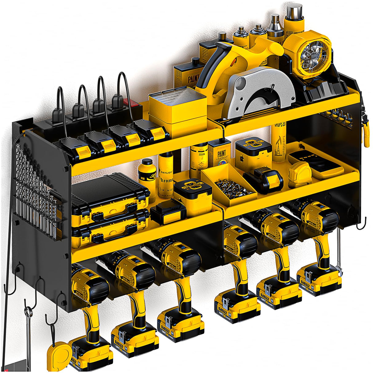 Spampur Power Tool Organizer Wall Mount with Charging Station, 6 Drill Holders Tool Shelf, Heavy Duty Garage shelves Utility Tool Storage, Tool Spampur