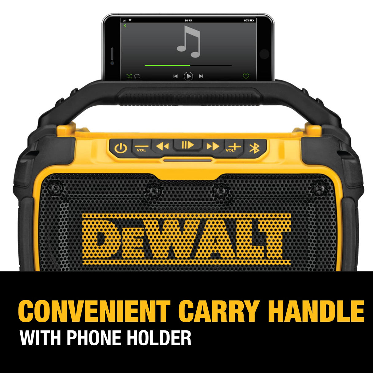 DEWALT 20V MAX Bluetooth Speaker, 100 ft Range, Durable for Jobsites, Phone Holder Included, Lasts 8-10 Hours with Single Charge (DCR010), DEWALT
