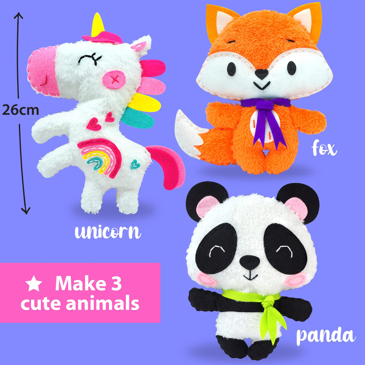 KRAFUN Unicorn Beginner Animal Sewing Kit for Kids Age 7-13 My First Art & Craft, Includes 3 Stuffed Animal Dolls Panda, Fox, Instructions & Plush KRAFUN