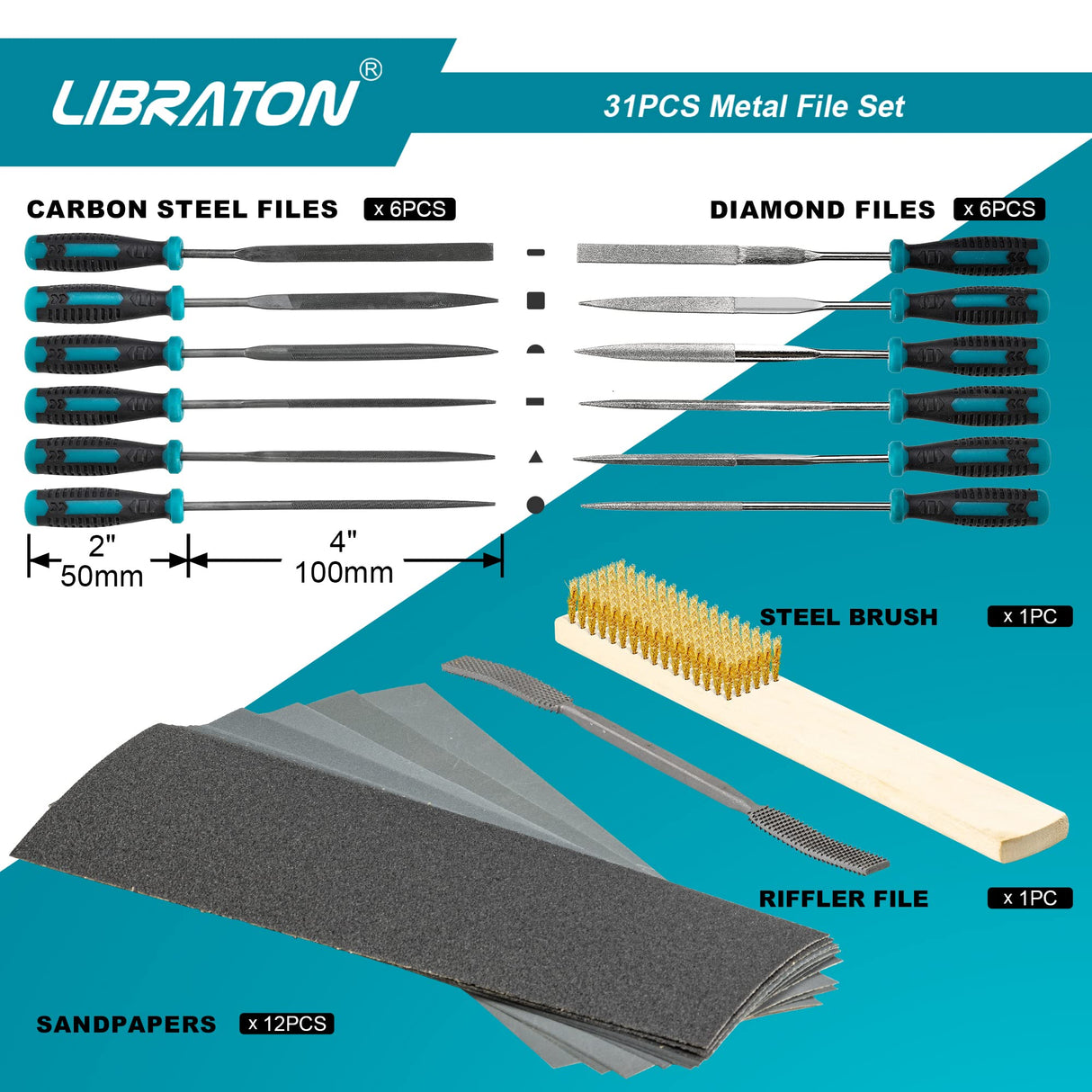 Libraton 31PCs Metal File Set, Metal Files, Metal Files for Steel, 12 Needle Files with Case, Riffler File, 12 Sandpapers, Steel Brush, File Sets for LIBRATON