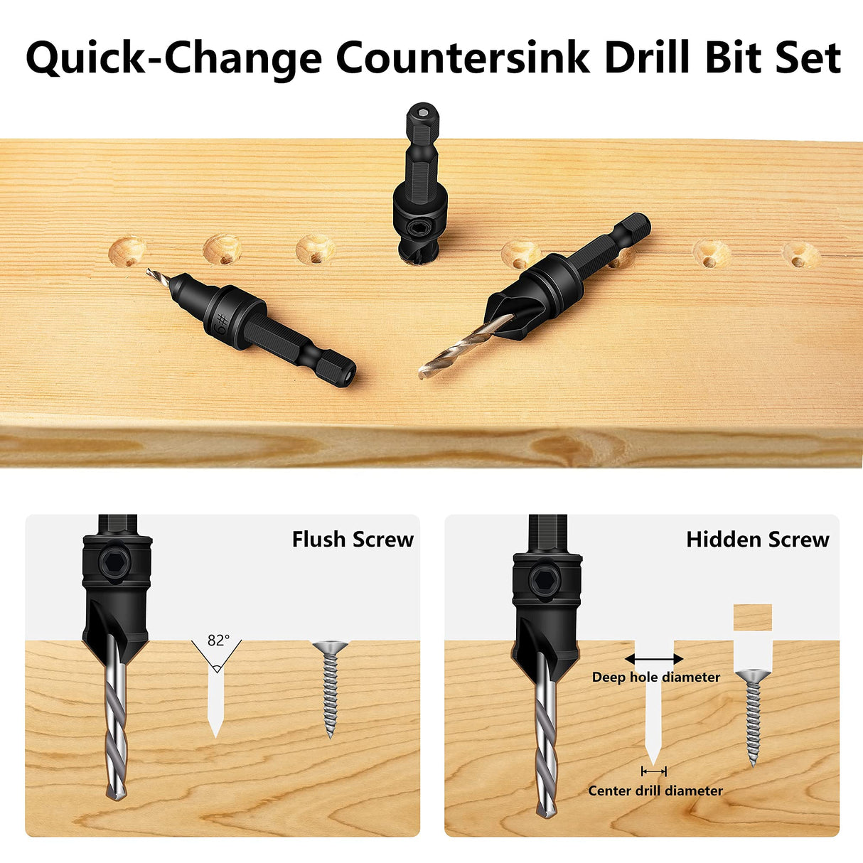 MulWark 82° Countersink Drill Bit Set incl. 5pcs Free Replaceable HSS Drill Bits for Wood|3/8" Quick-Change -Chamfered Adjustable Drilling Tool Kit MULWARK