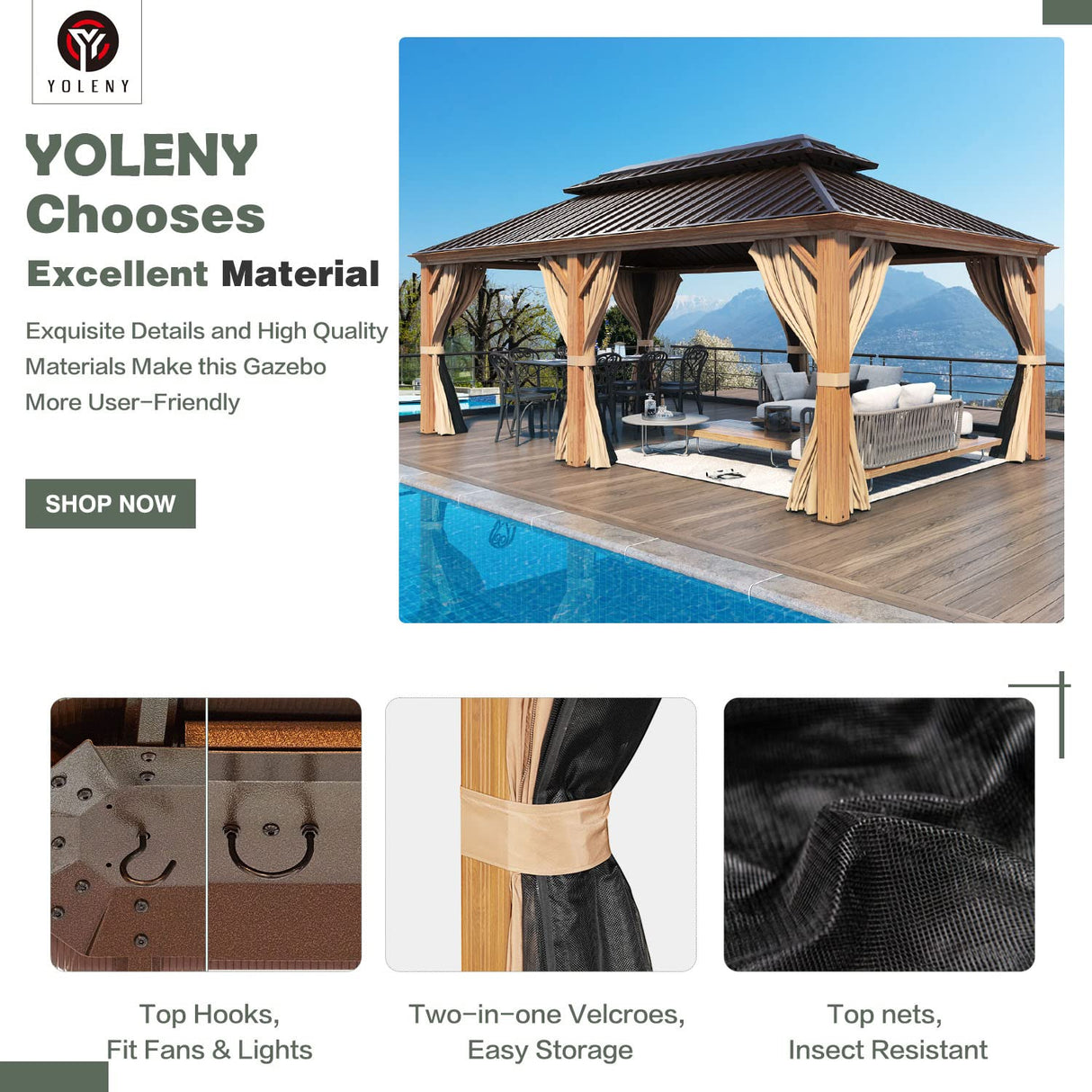 YOLENY 12' x 20' Gazebo, Hardtop Gazebo Wood-Looking Gazebo with Galvanized Steel Double Roof, Aluminum Frame, Outdoor Patio Hardtop Gazebo with YOLENY