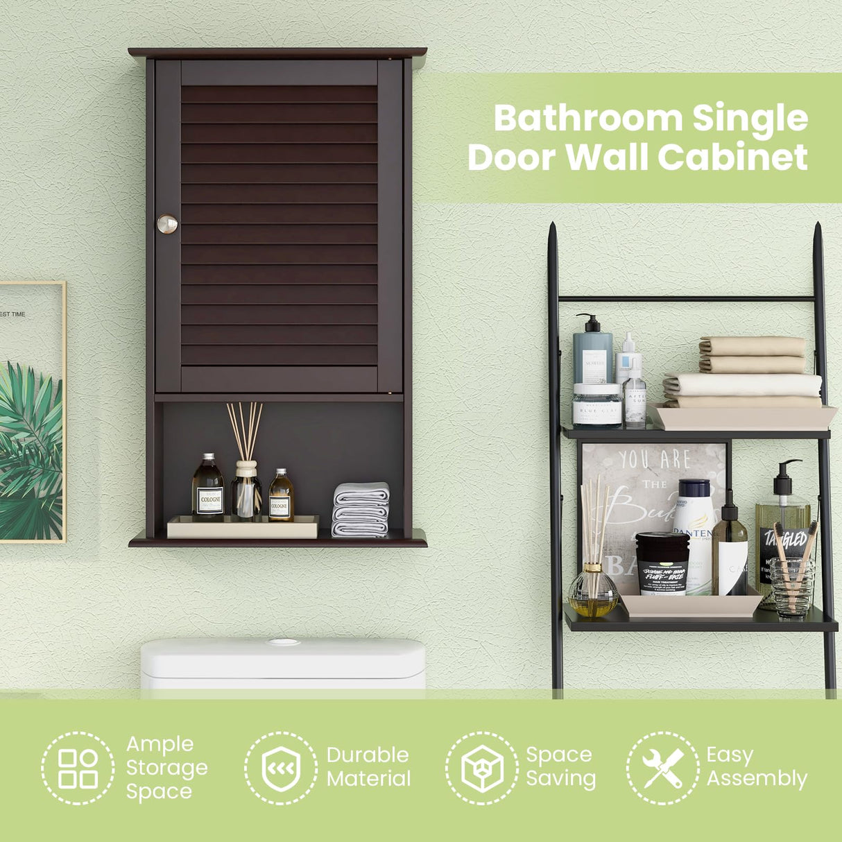 Tangkula Medicine Cabinet, Wall Mounted Bathroom Cabinet Single Door Wooden Bathroom Wall Cabinet with Adjustable Shelf (Brown) Tangkula