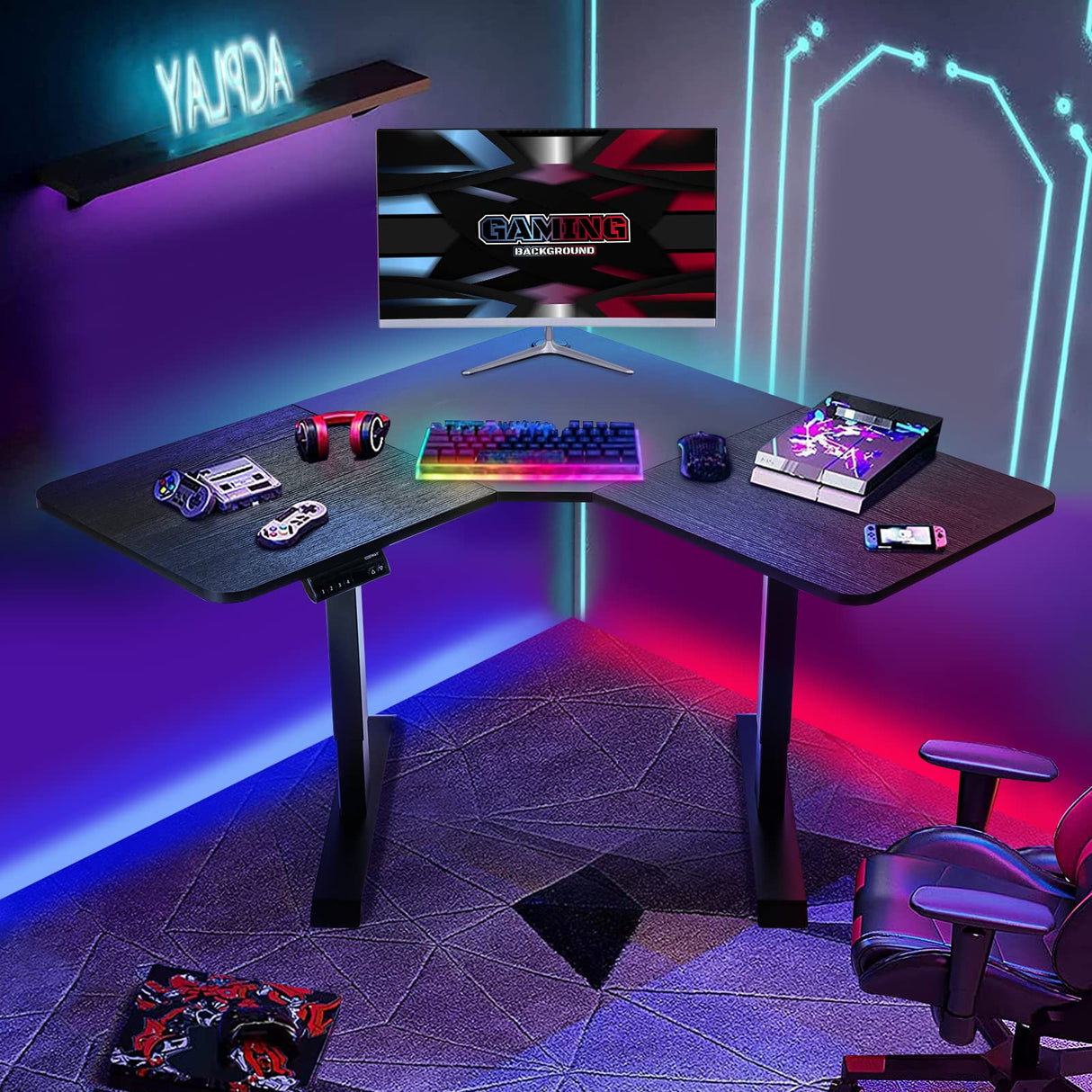 COSTWAY L Shaped Electric Adjustable Desk, L-Shaped Standing Computer Desk w/Splice Tabletop, 2 Hooks & Rolling Casters, Sit-Stand Corner Desk w/ 4 COSTWAY