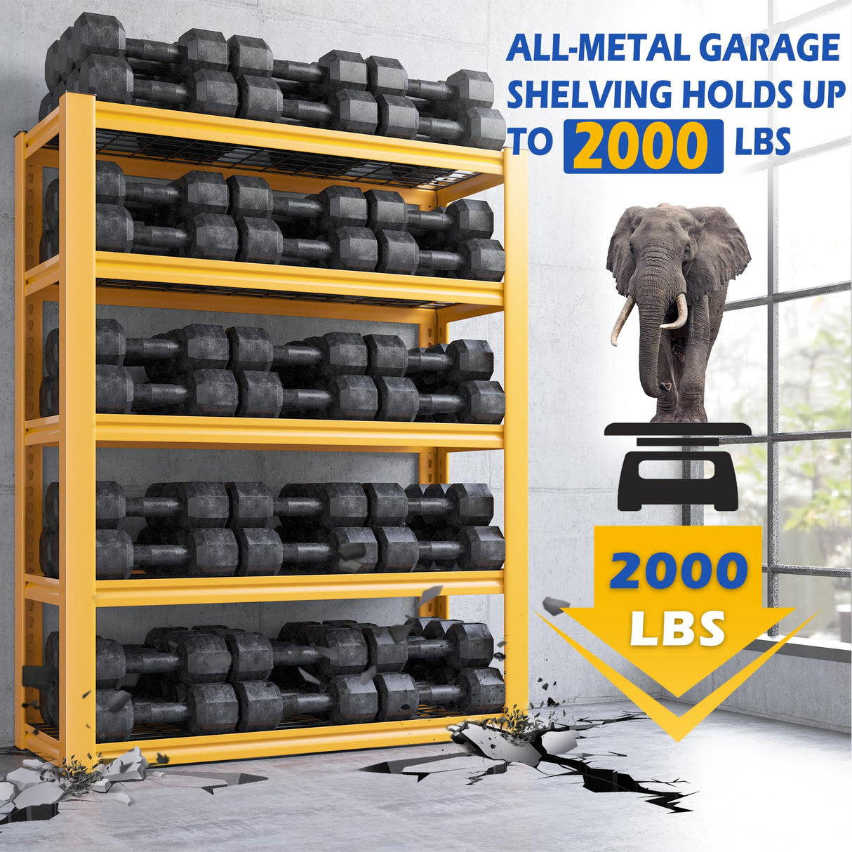 REIBII 72''H Garage Shelving Heavy Duty Loads 2000 LBS Garage Storage Shelves Heavy Duty Shelving 5 Tier Adjustable Metal Shelves for Storage Rack REIBII