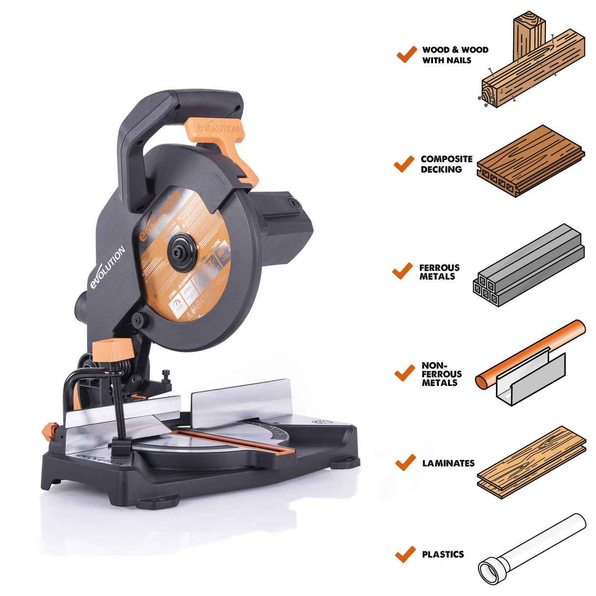 Evolution Power Tools R210CMS Compound Miter Saw, 8-1/4" Multi-Material Cutting TCT Blade Included Cuts Wood Metal Plastic & More, 45° - 45° Degree Evolution