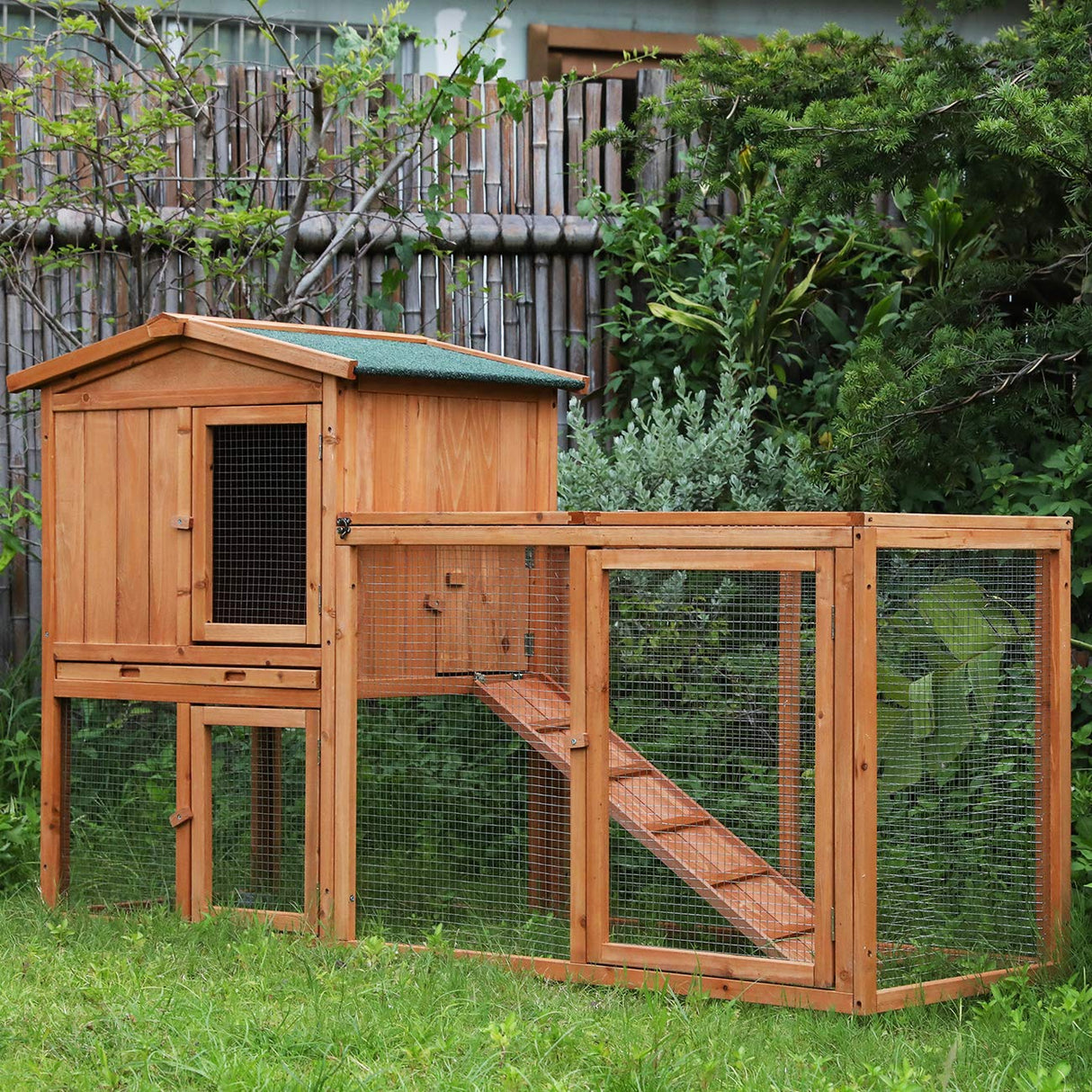 Ogrmar Chicken Coop Large Wooden Outdoor Bunny Rabbit Hutch Hen Cage with Ventilation Door, Removable Tray & Ramp Garden Backyard Pet House Chicken Ogrmar