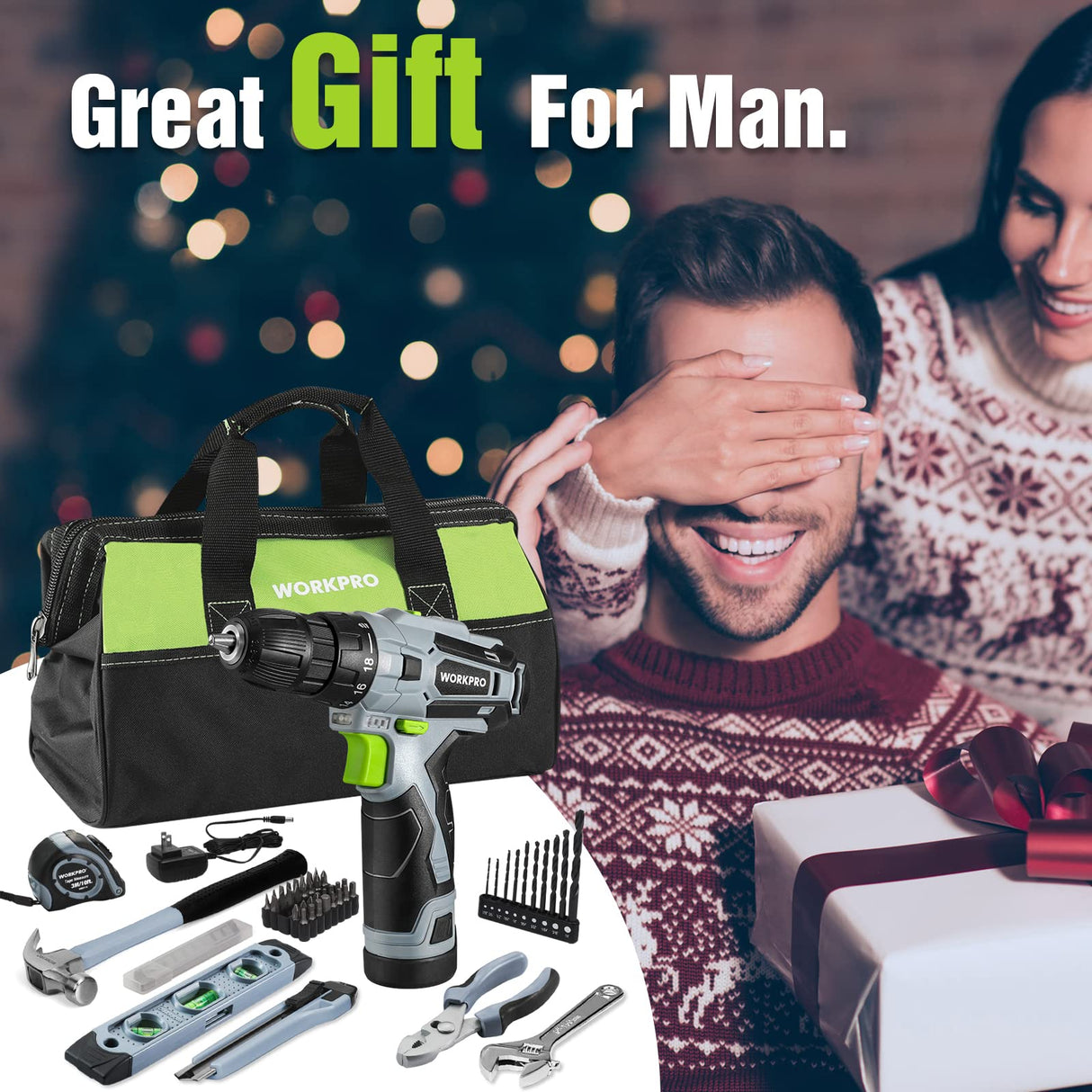 WORKPRO 12V Cordless Drill Driver and Home Tool Kit, Hand Tool Set for DIY, Home Maintenance, 14-inch Storage Bag Included WORKPRO