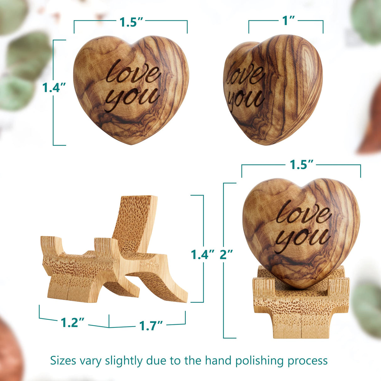 Carved Wooden Heart Shape Gifts - Love You - Engraved Olive Wood with Bamboo Stand - 5 Year Wooden for Her or Him - Christmas, Valentine's Day, Harmony Tree Collections