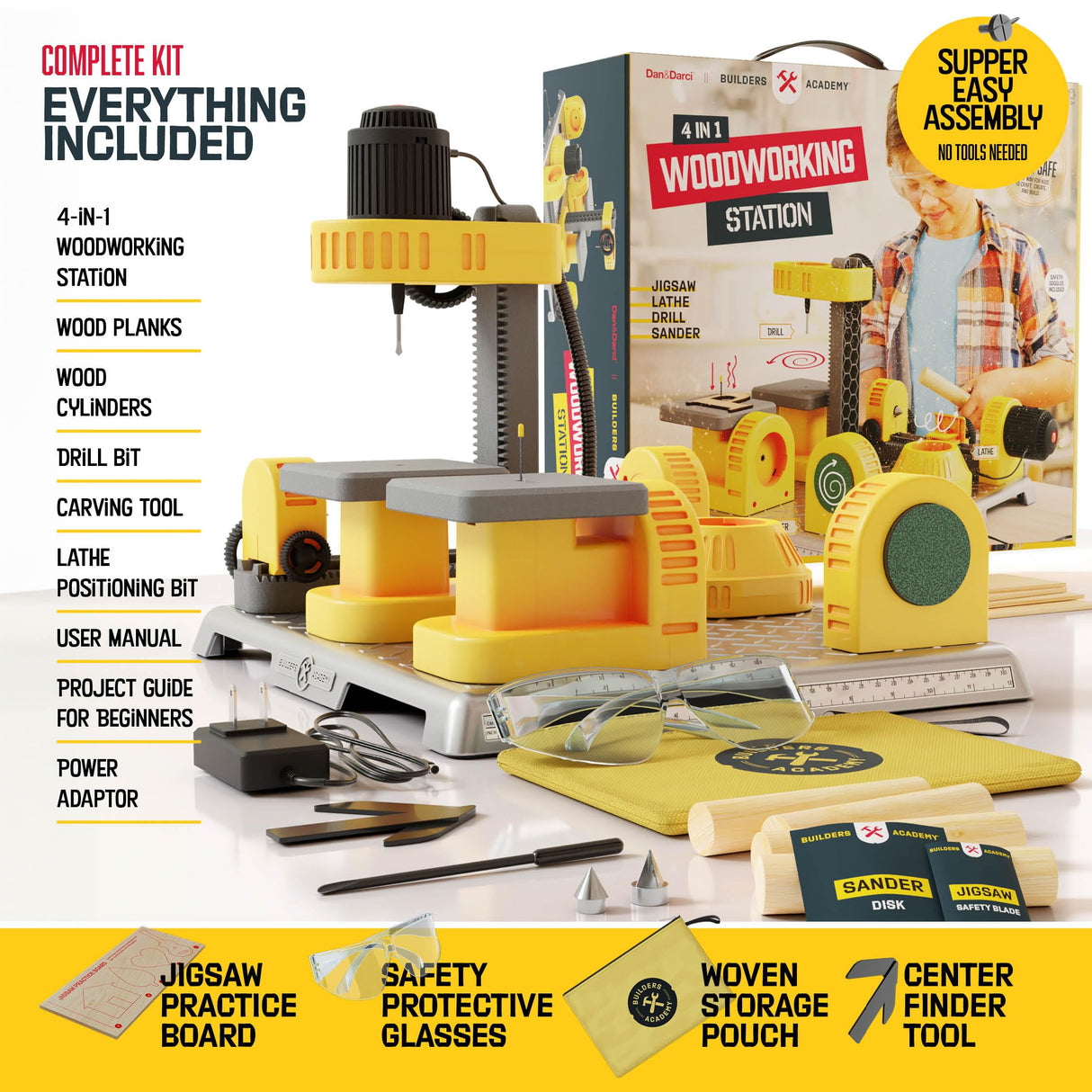 4 in 1 Woodworking Station for Kids - Wood Building Projects Kit for Boys - Real Construction Tools Sets - Boy Tool Set - Gifts for Boy Age Year Old Dan&Darci