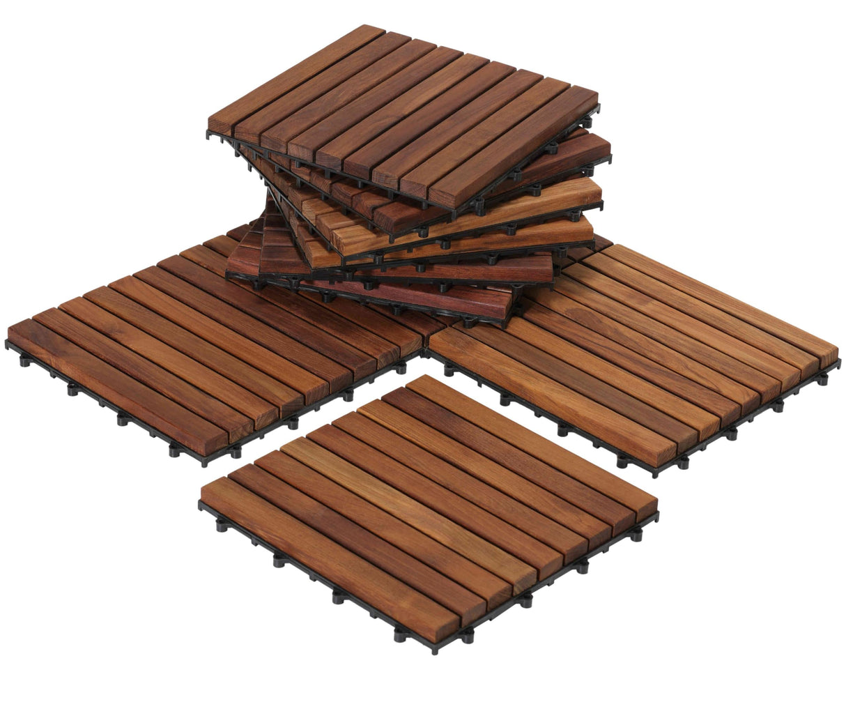 Bare Decor EZ-Floor Interlocking Flooring Tiles in Solid Teak Wood Oiled Finish (Set of 10), Long 9 Slat Bare Decor
