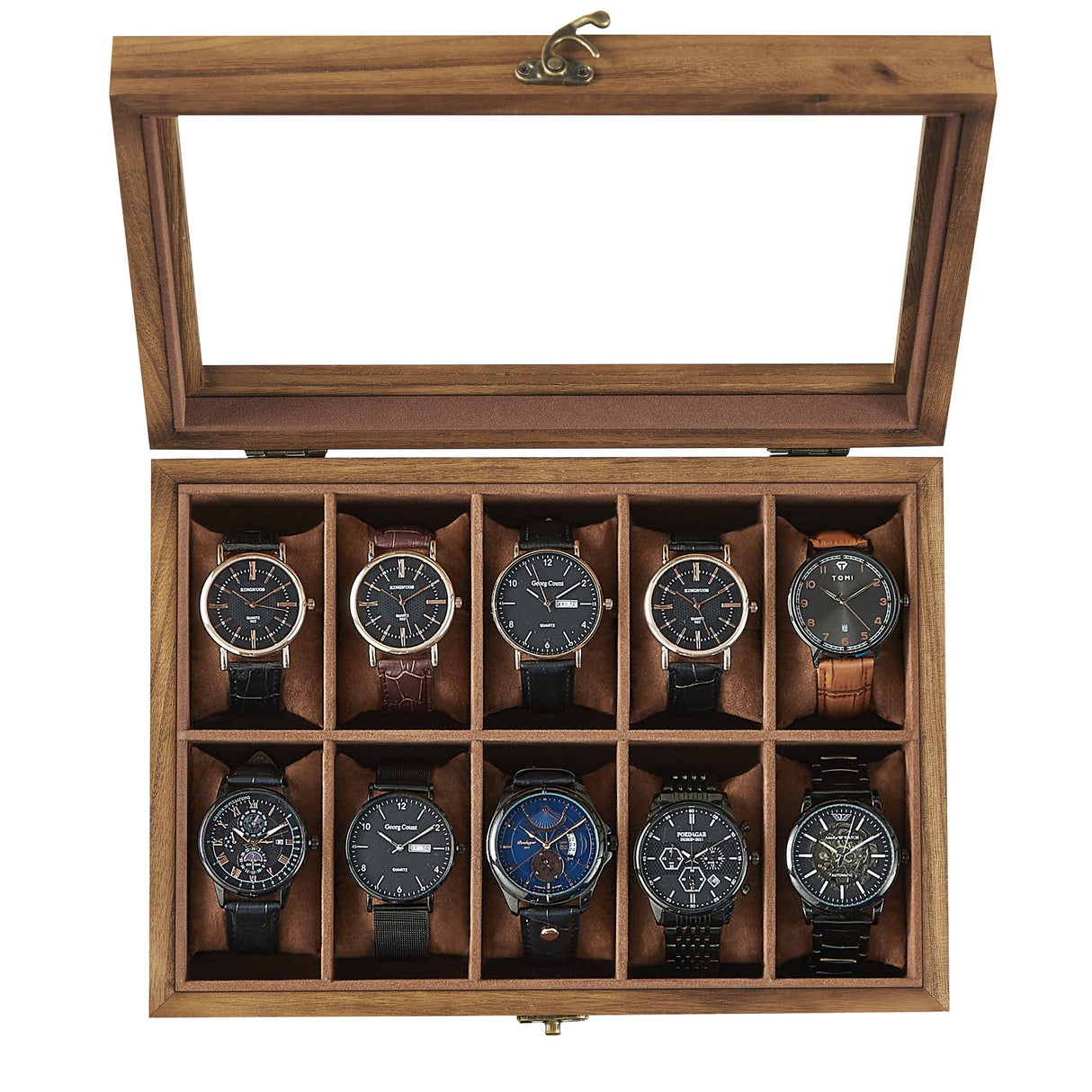 SONGMICS Watch Box, 10-Slot Watch Case, Solid Wood Watch Box Organizer with Large Glass Lid, Watch Display Case with Removable Pillows, Gift for SONGMICS