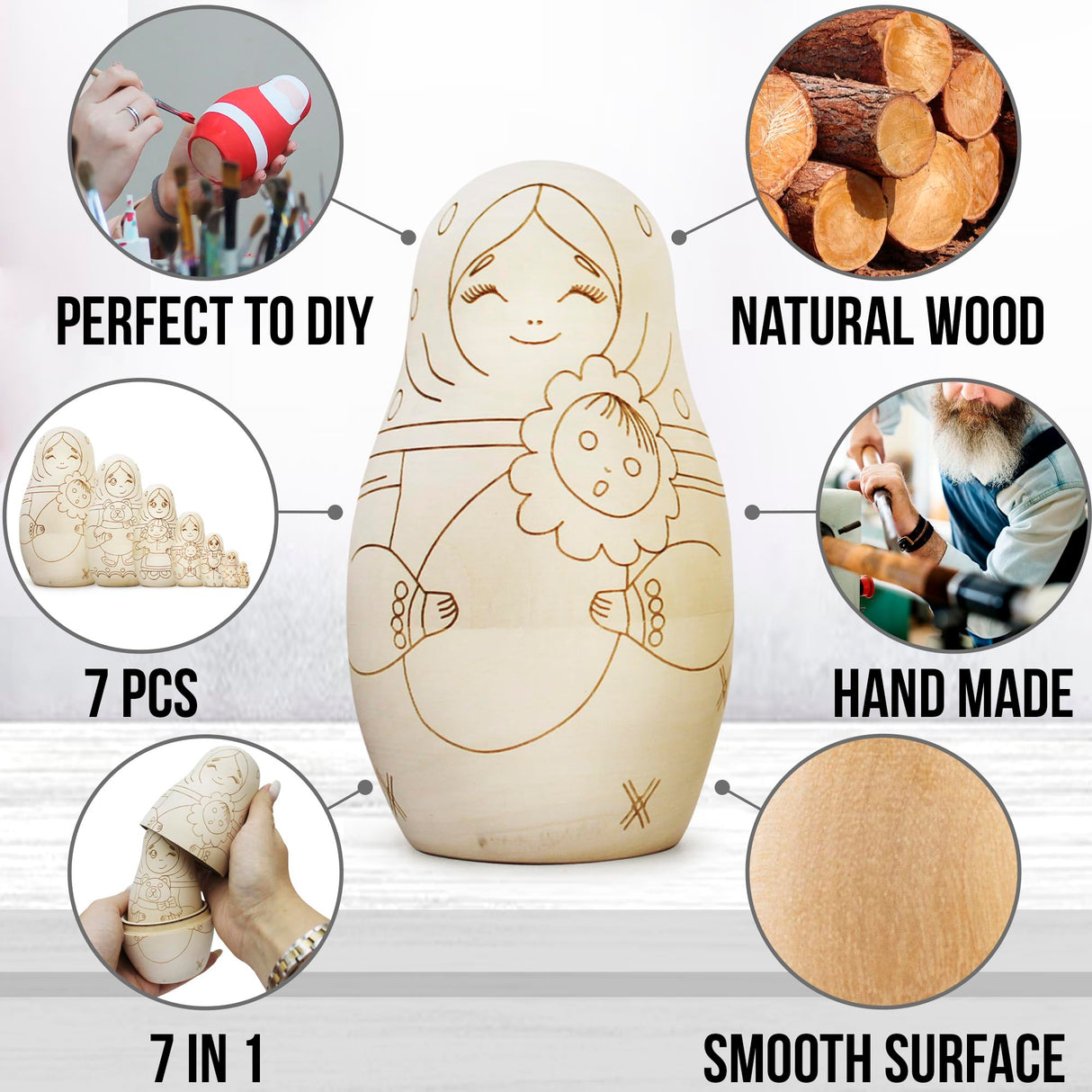AEVVV Unfinished Wood Crafts to Paint Your Own Matryoshka Doll, 7 pcs - Unpainted Russian Nesting Dolls DIY Projects, Arts and Crafts - Russian Dolls AEVVV