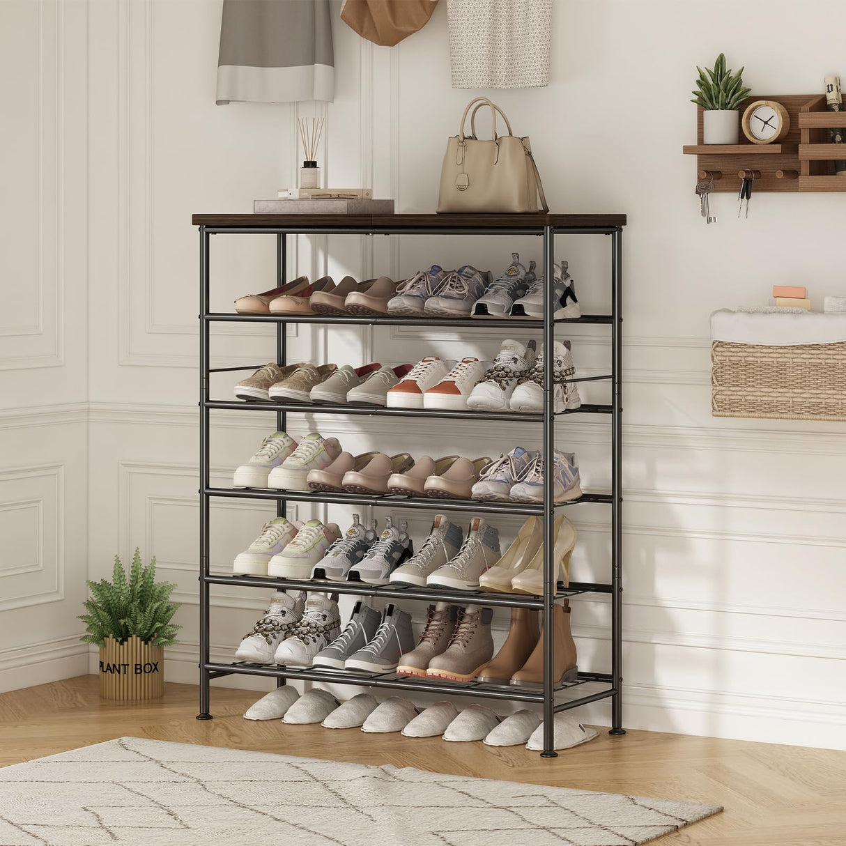 SUOERNUO Shoe Rack Organizer 6 Tier for Closet Entryway Free Standing Metal Storage Shoe Shelf with MDF Top Board,Black SUOERNUO